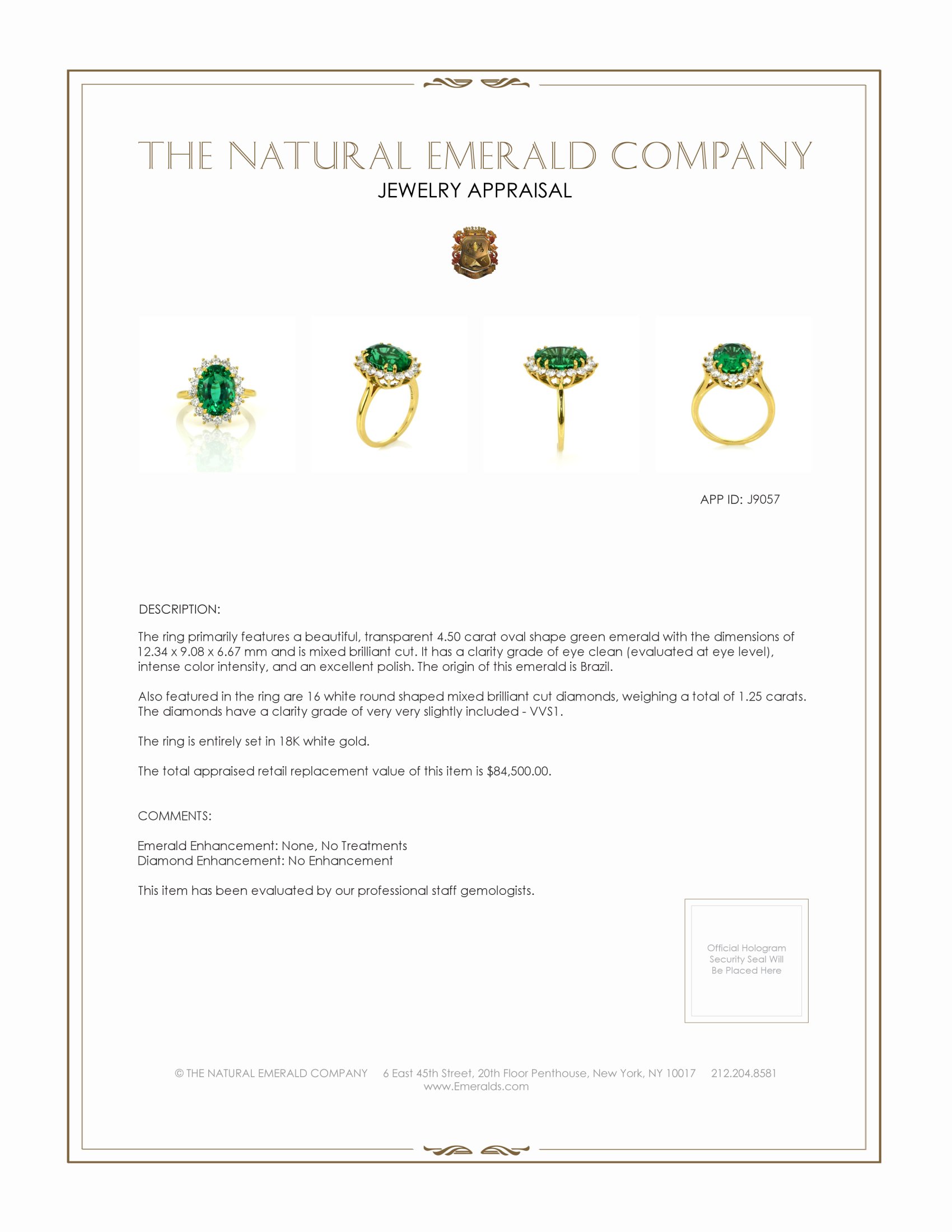 4.50 Ct. Emerald Natural Diamond Ring, 18K White Gold