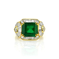 3.65 Ct. Emerald Natural Diamond Antique Style Ring, 18K Yellow Gold Video