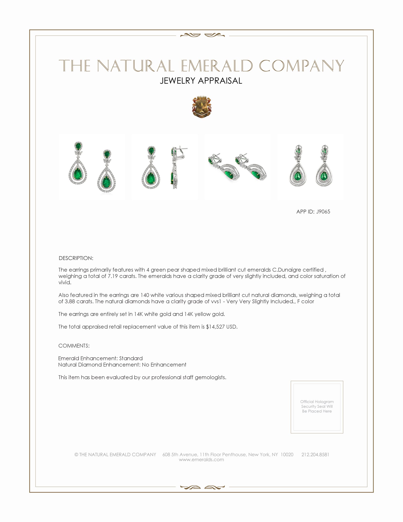 7.19 Ct.Tw. Emerald and Natural Diamond Pave Earrings, 14K White & Yellow