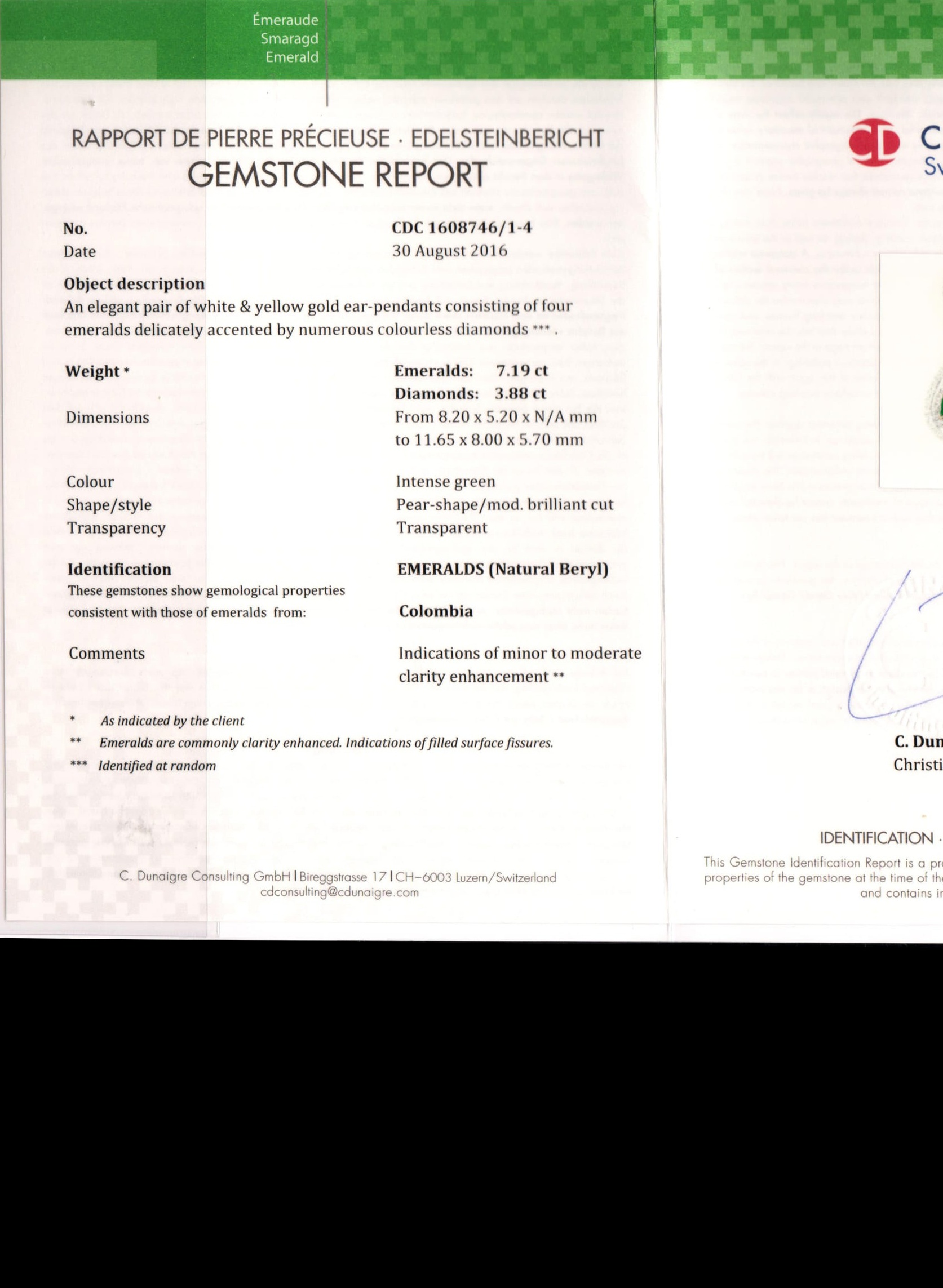 7.19 Ct.Tw. Emerald Natural Diamond Pave Earrings, 14K White & Yellow