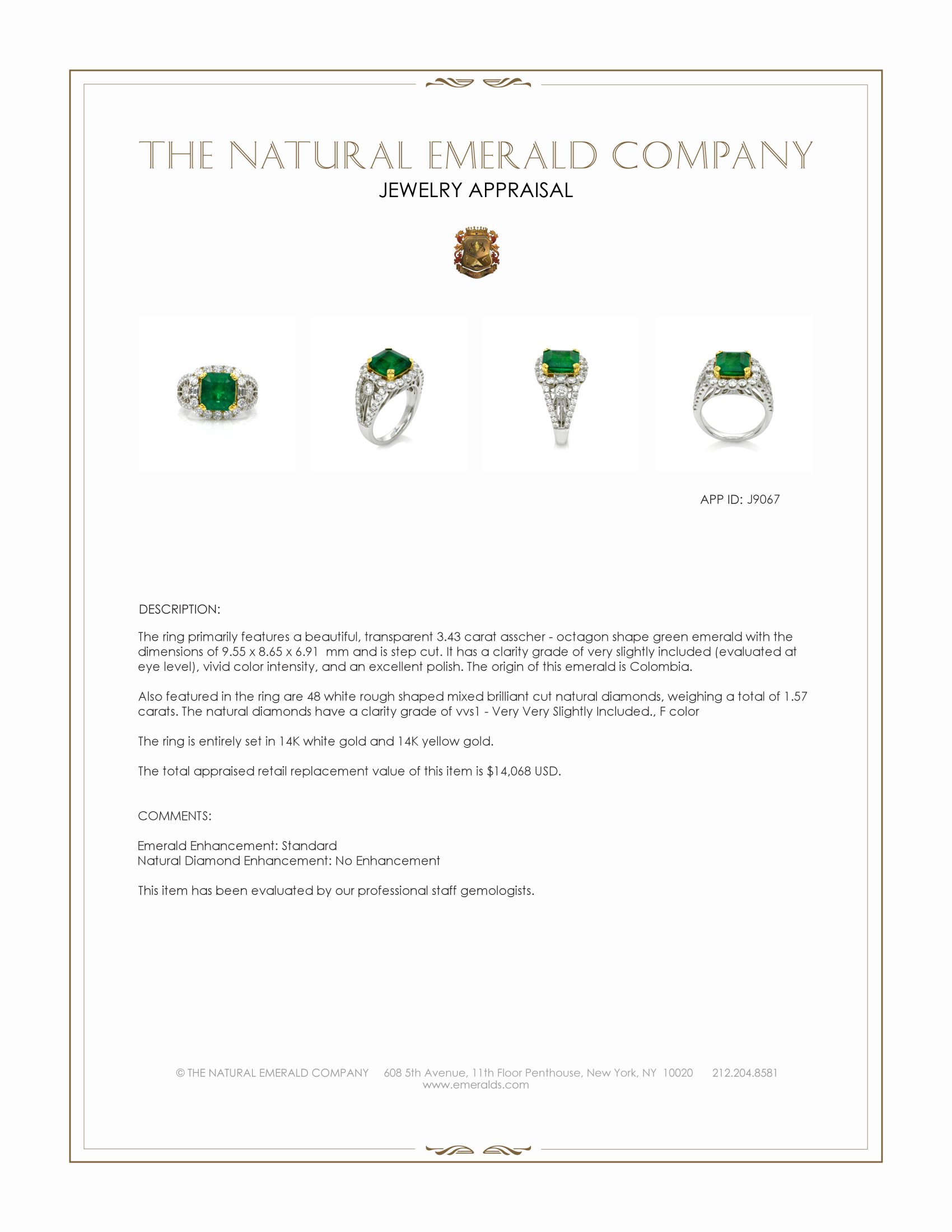 3.43 Ct. Emerald and Natural Diamond Antique Style Ring, 14K White & Yellow