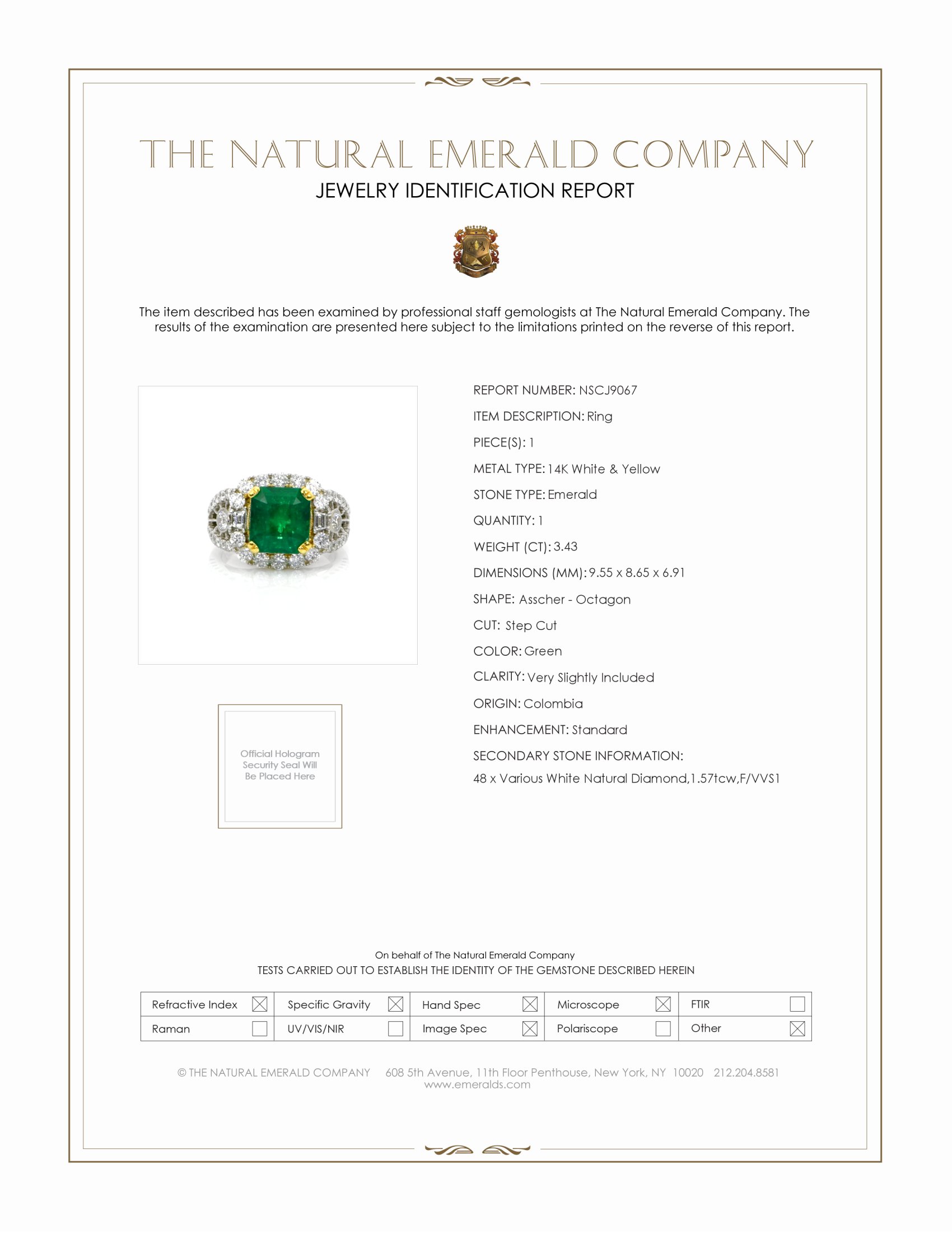 3.43 Ct. Emerald Natural Diamond Antique Style Ring, 14K White & Yellow