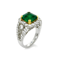 3.43 Ct. Emerald Natural Diamond Antique Style Ring, 14K White & Yellow Image