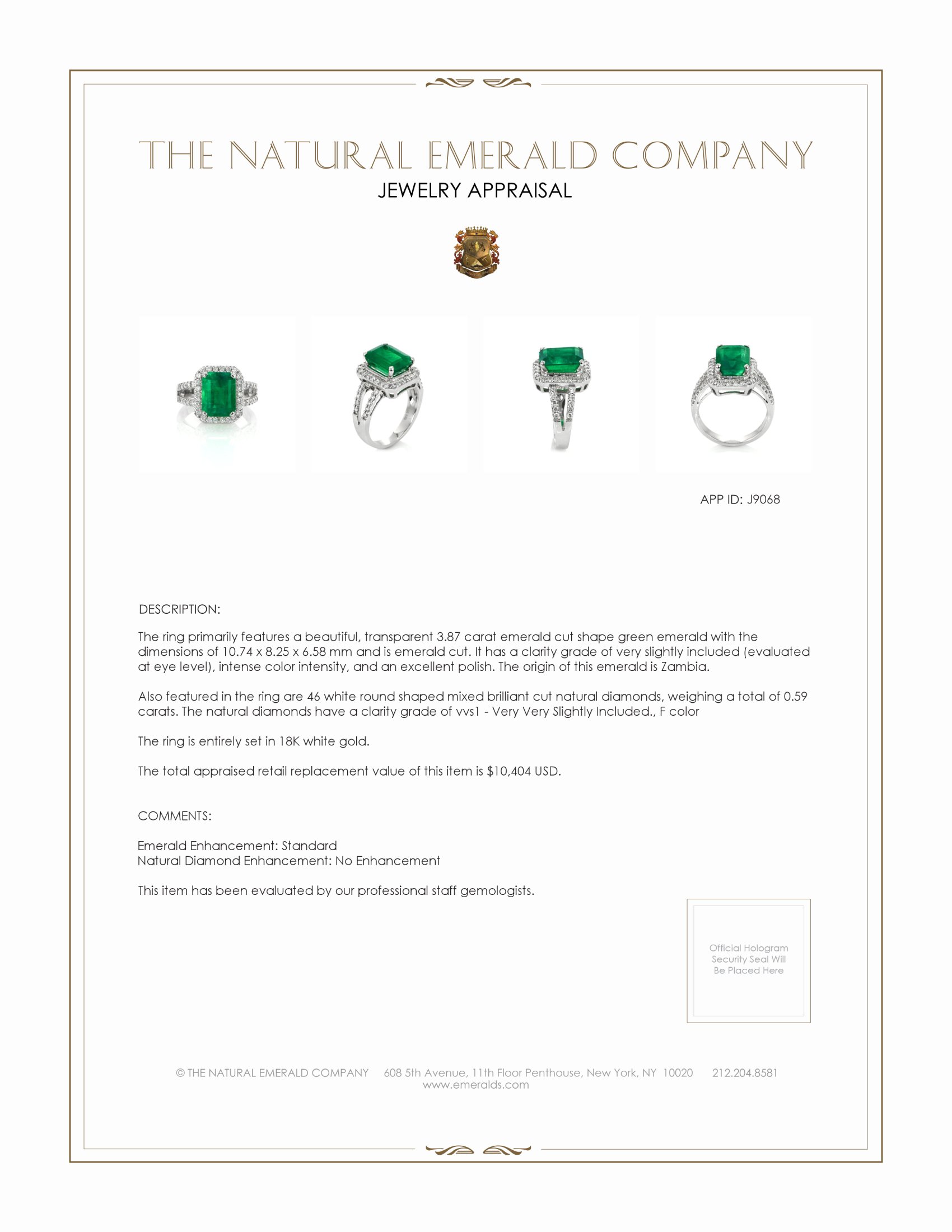 3.87 Ct. Emerald and Natural Diamond Pave Ring, 18K White Gold