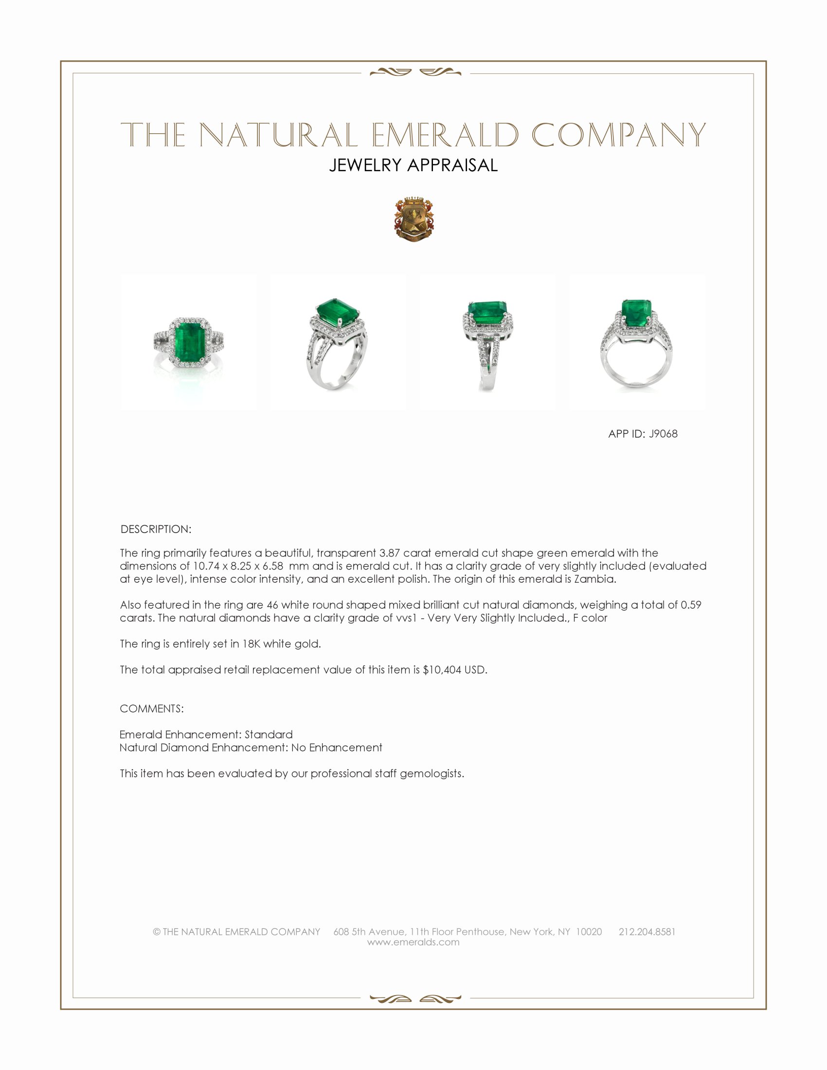 3.87 Ct. Emerald and Natural Diamond Pave Ring, 18K White Gold