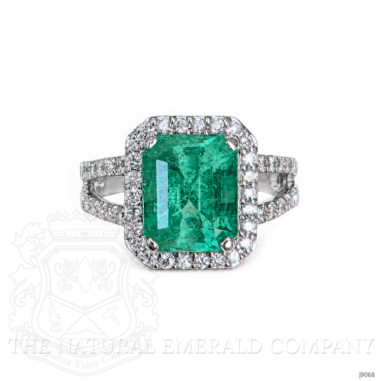3.72 Ct. Emerald and Natural Diamond Pave Ring, 18K White Gold
