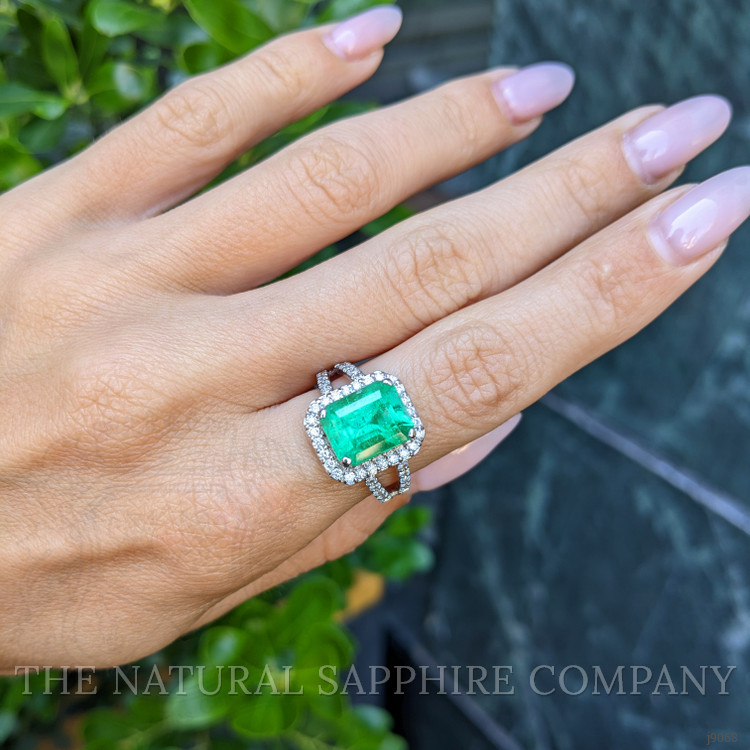 3.72 Ct. Emerald and Natural Diamond Pave Ring, 18K White Gold
