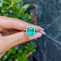 3.72 Ct. Emerald and Natural Diamond Pave Ring, 18K White Gold Life Style