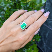3.72 Ct. Emerald and Natural Diamond Pave Ring, 18K White Gold Life Style