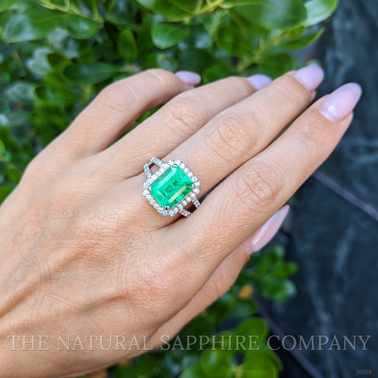 3.72 Ct. Emerald and Natural Diamond Pave Ring, 18K White Gold
