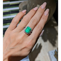 3.72 Ct. Emerald and Natural Diamond Pave Ring, 18K White Gold Life Style