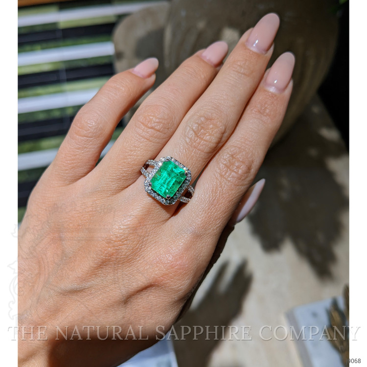 3.72 Ct. Emerald and Natural Diamond Pave Ring, 18K White Gold