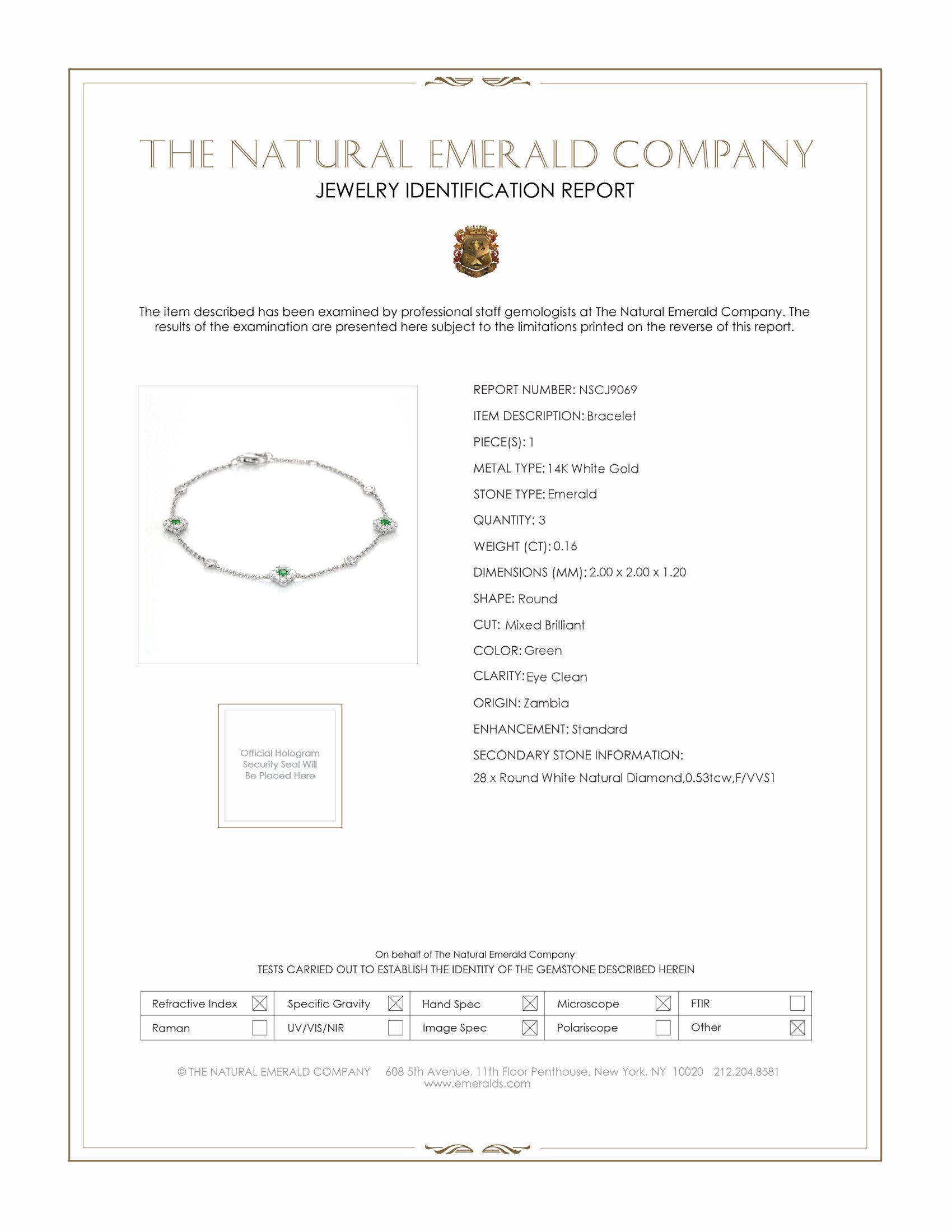 0.16 Ct.Tw. Emerald Natural Diamond Accent Stones Bracelet, 14K White Gold