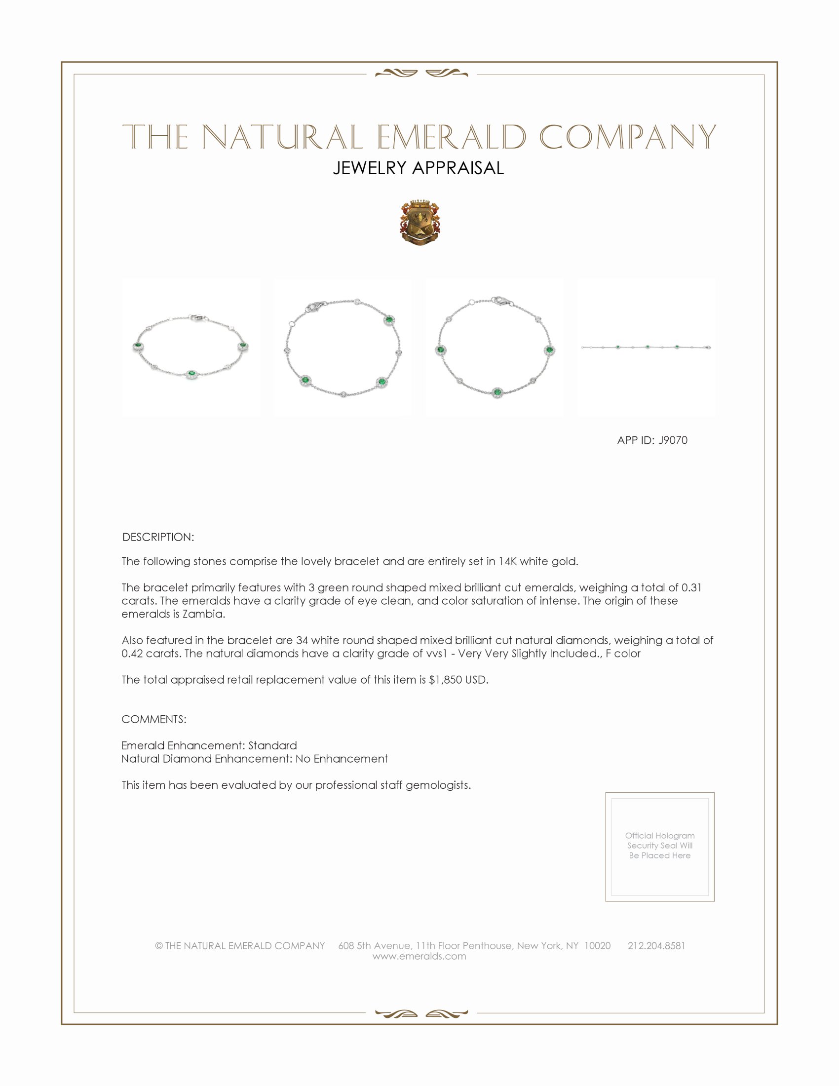 0.31 Ct.Tw. Emerald and Natural Diamond Accent Stones Bracelet, 14K White Gold