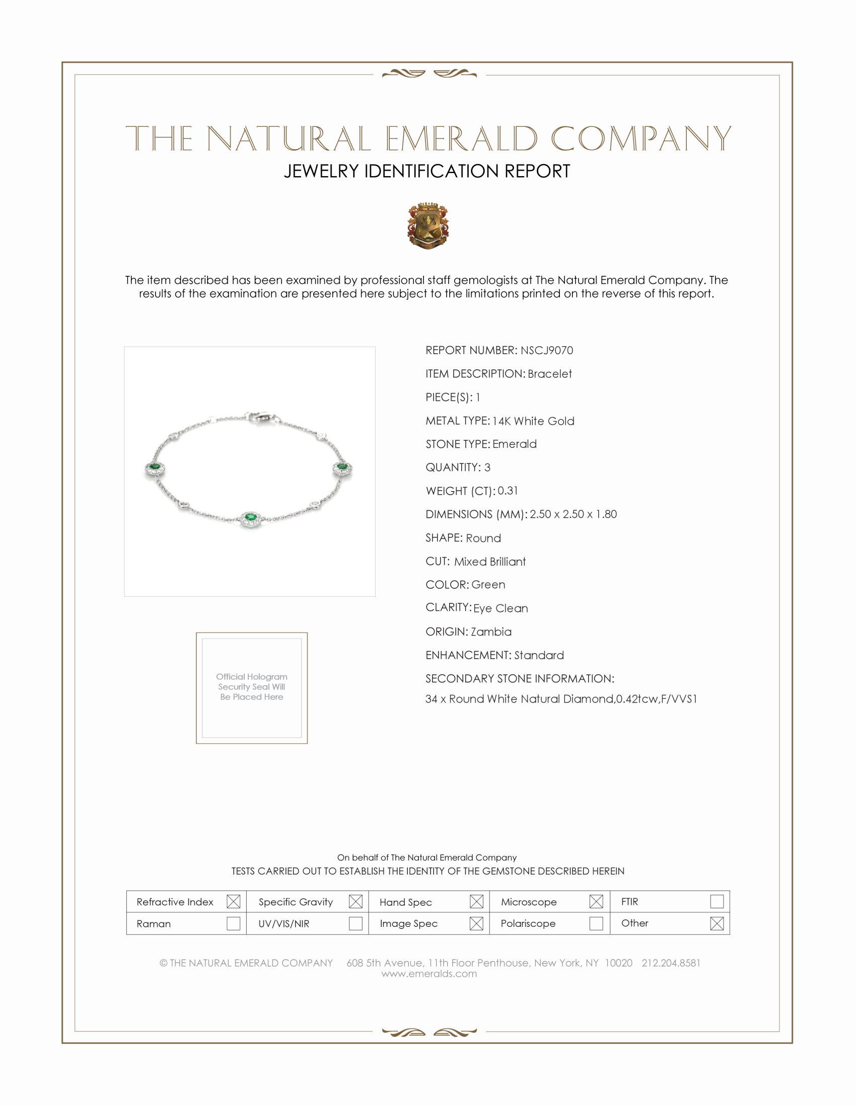 0.31 Ct.Tw. Emerald and Natural Diamond Accent Stones Bracelet, 14K White Gold