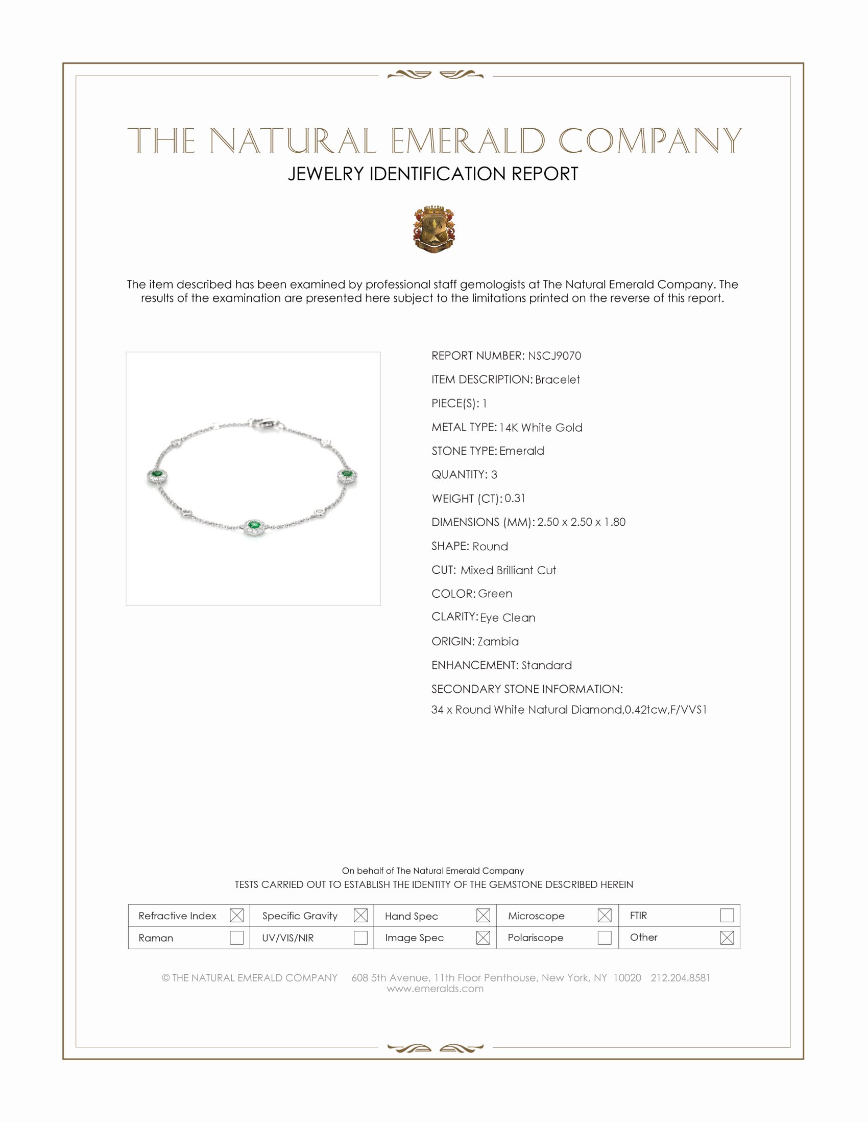 0.31 Ct.Tw. Emerald and Natural Diamond Accent Stones Bracelet, 14K White Gold