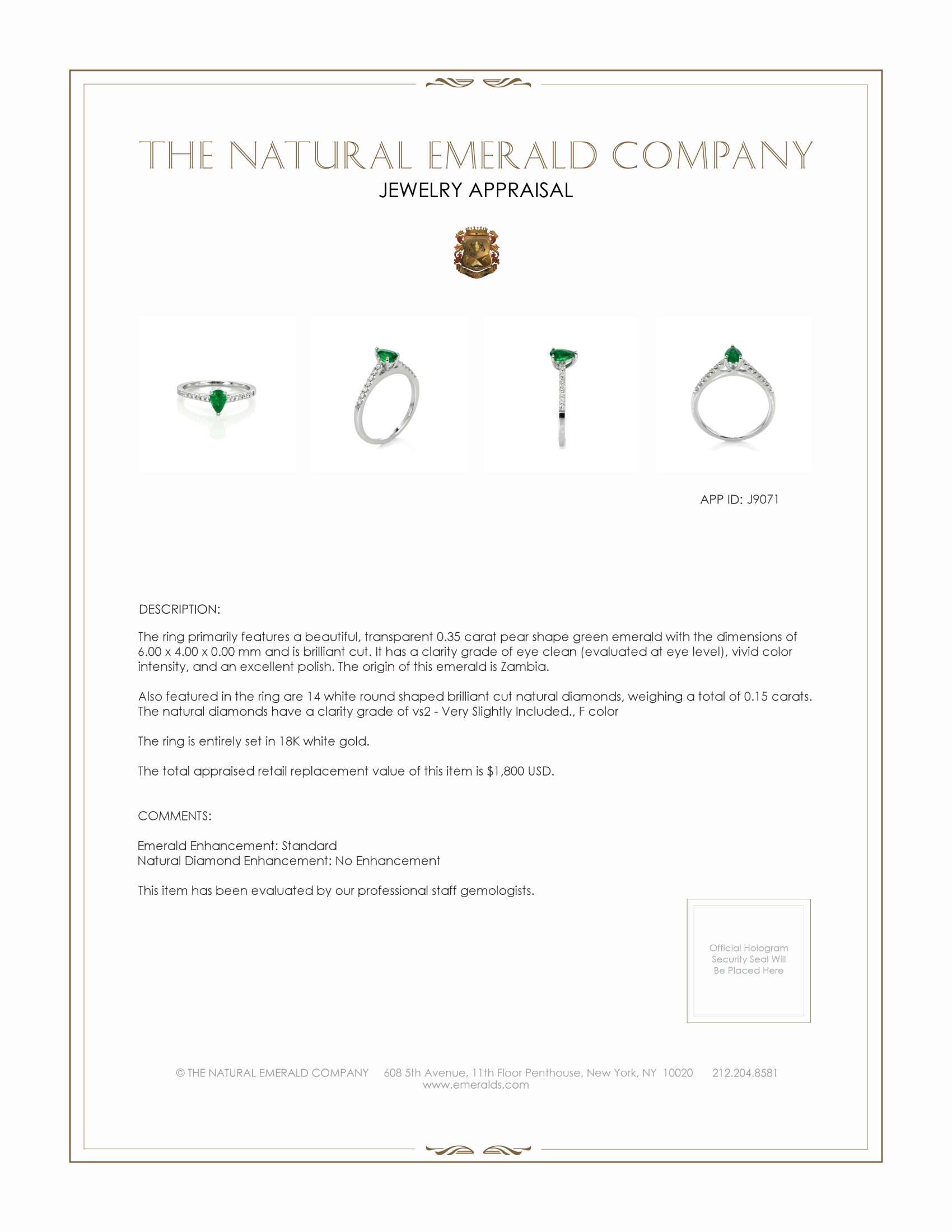 0.35 Ct. Emerald and Natural Diamond Pave Ring, 18K White Gold