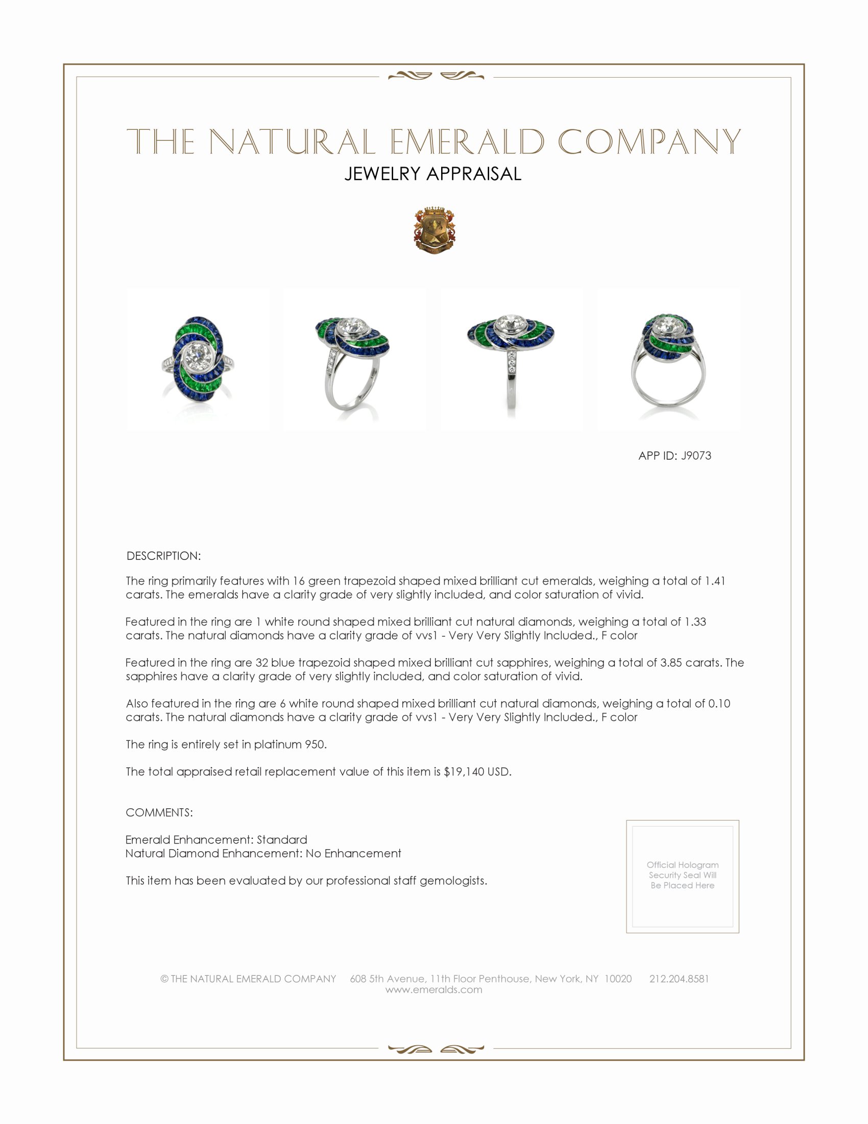 1.41 Ct. Emerald, Blue Sapphire and Natural Diamond Antique Style Ring, Platinum 950