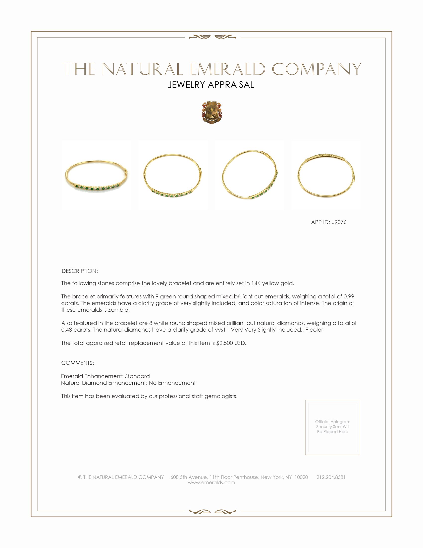 0.99 Ct.Tw. Emerald Natural Diamond Bangle Bracelet, 14K Yellow Gold