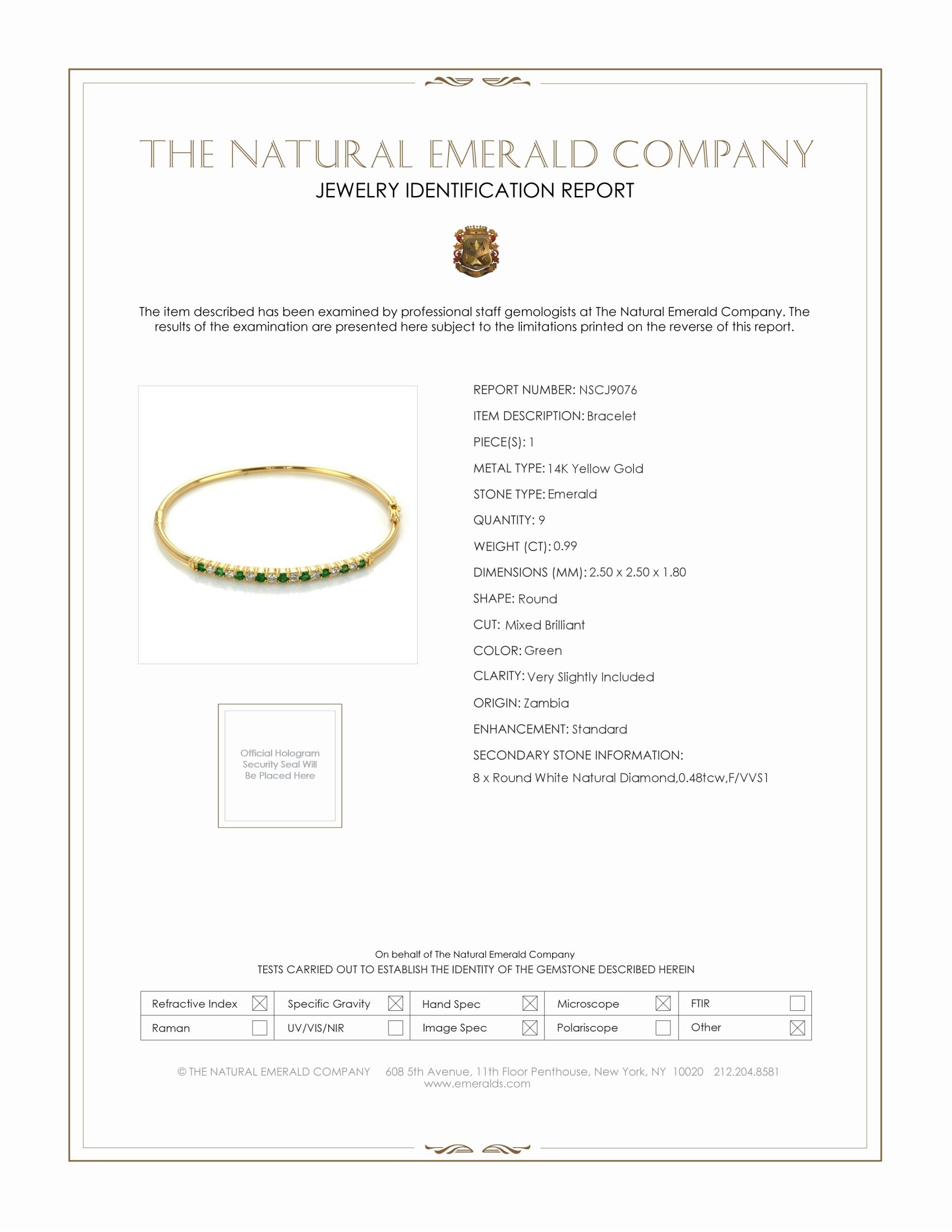 0.99 Ct.Tw. Emerald and Natural Diamond Bangle Bracelet, 14K Yellow Gold