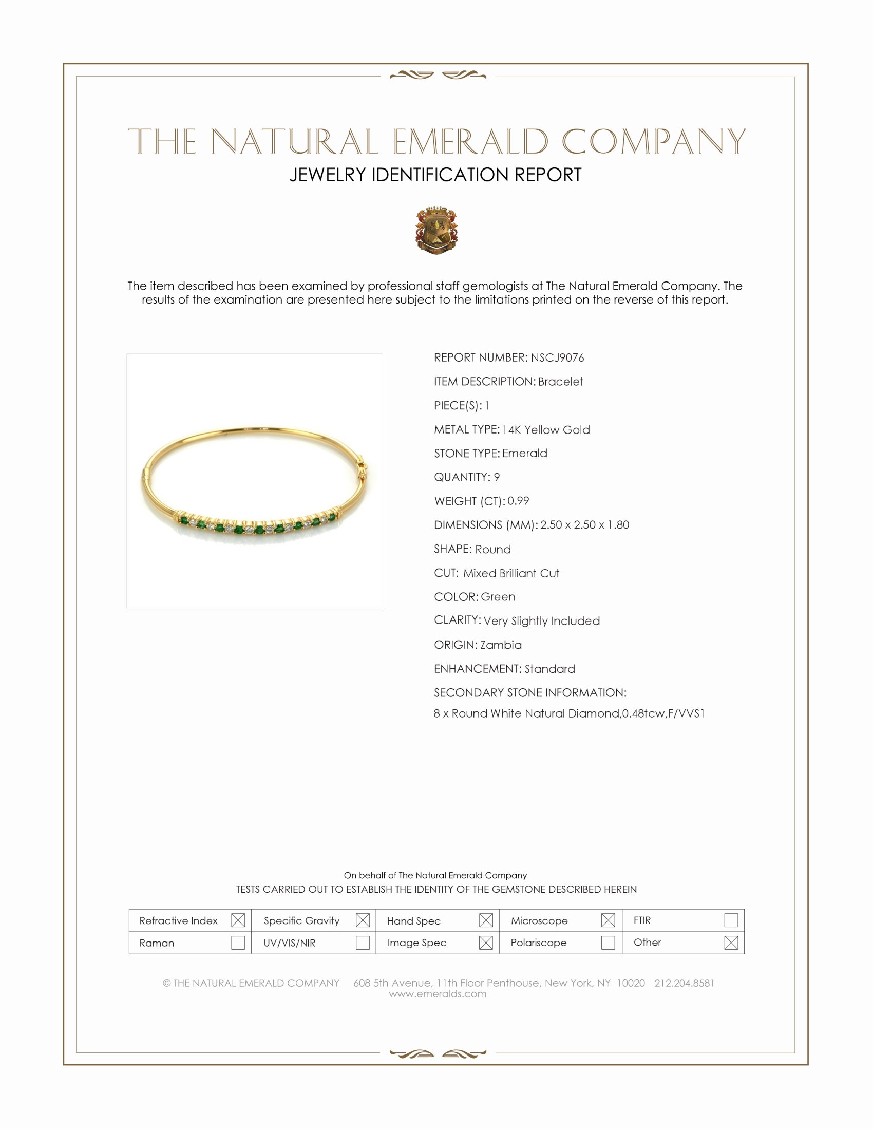 0.99 Ct.Tw. Emerald and Natural Diamond Bangle Bracelet, 14K Yellow Gold