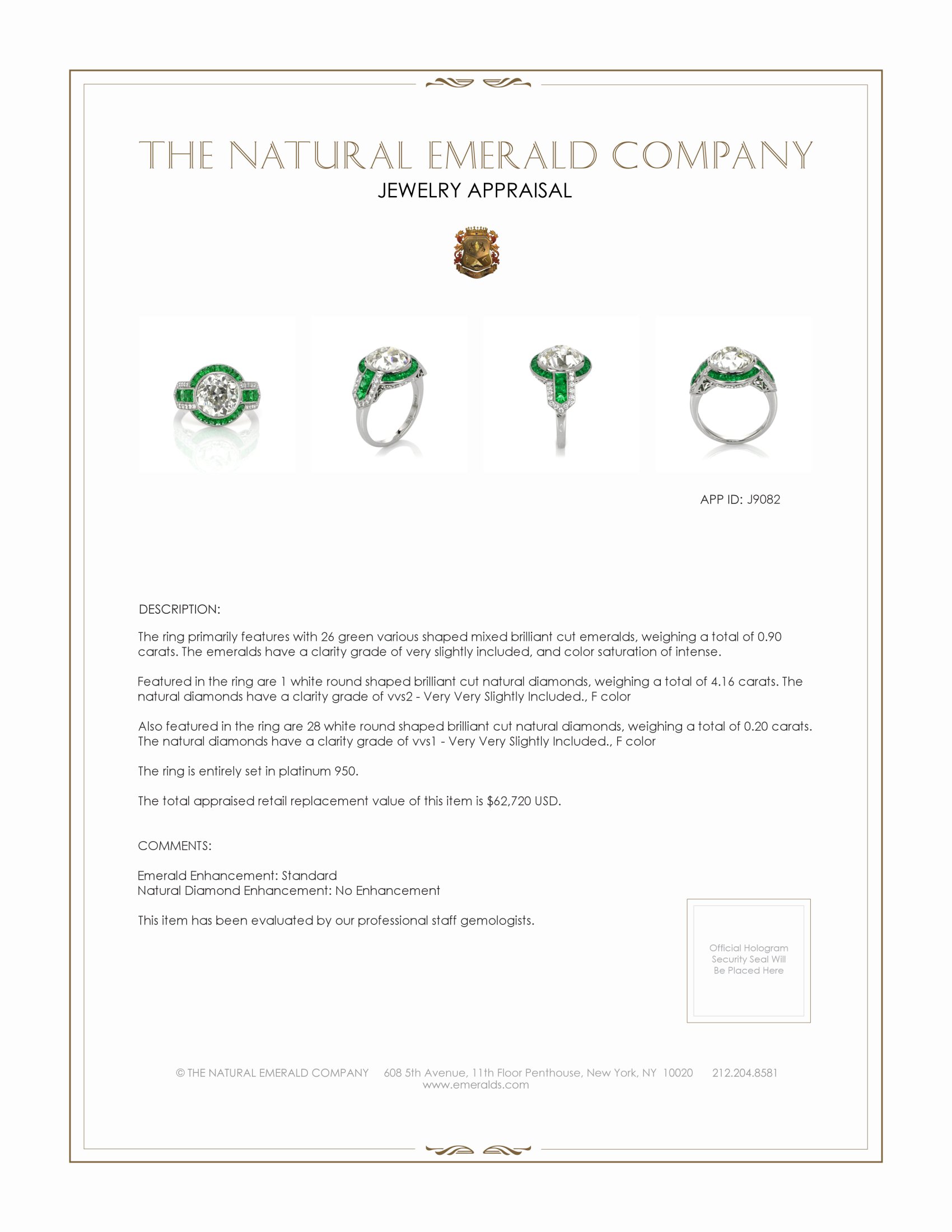 0.90 Ct. Emerald and Natural Diamond Antique Style Ring, Platinum 950