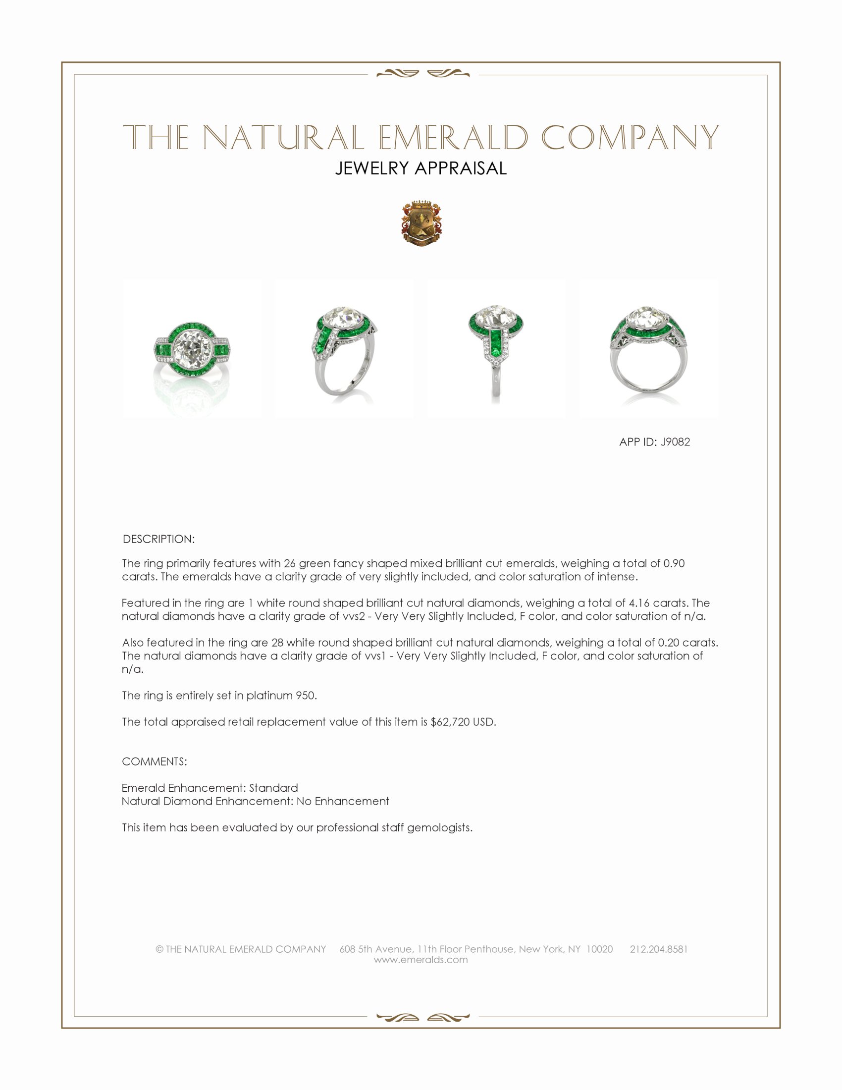 0.90 Ct. Emerald and Natural Diamond Antique Style Ring, Platinum 950