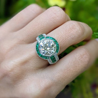 0.90 Ct. Emerald Natural Diamond Antique Style Ring, Platinum 950 Life Style