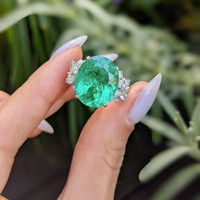 10.90 Ct. Emerald Natural Diamond Three Stone Ring, 18K White Gold Image