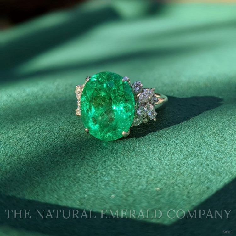 10.90 Ct. Emerald and Natural Diamond Three Stone Ring, 18K White Gold