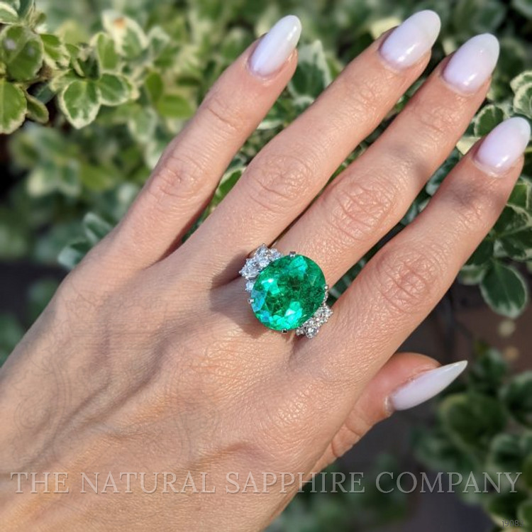 10.90 Ct. Emerald and Natural Diamond Three Stone Ring, 18K White Gold