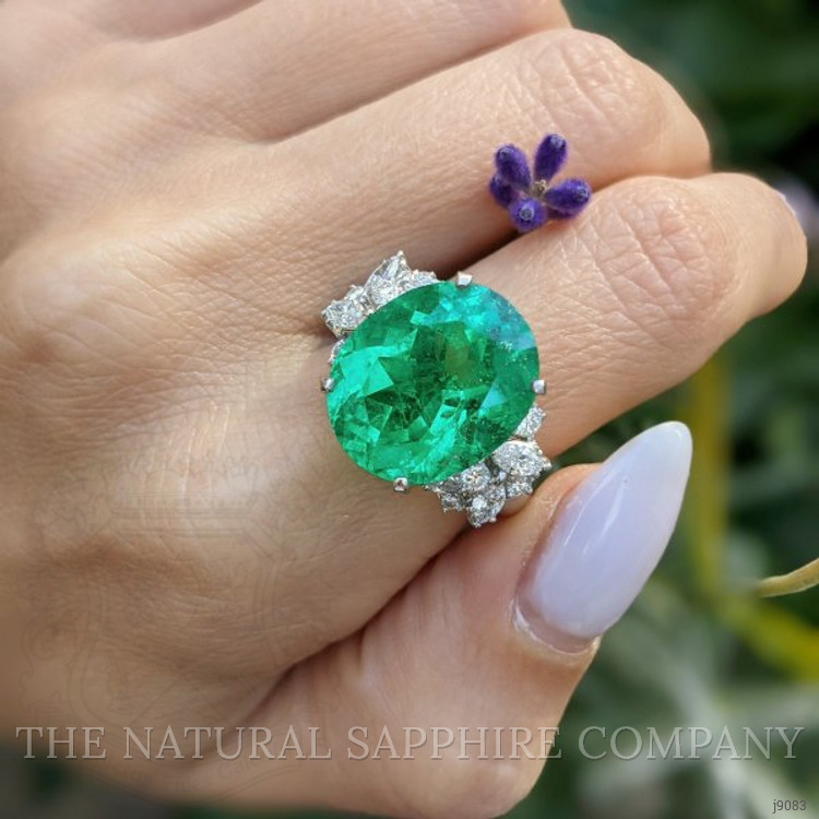 10.90 Ct. Emerald and Natural Diamond Three Stone Ring, 18K White Gold