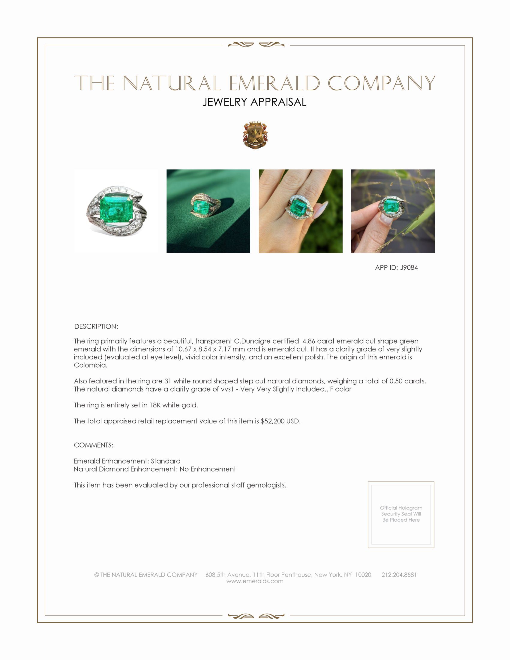 4.86 Ct. Emerald and Natural Diamond Antique Style Ring, 18K White Gold