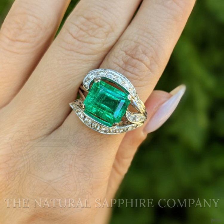 4.86 Ct. Emerald Natural Diamond Antique Style Ring, 18K White Gold