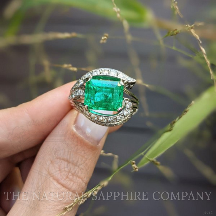 4.86 Ct. Emerald Natural Diamond Antique Style Ring, 18K White Gold
