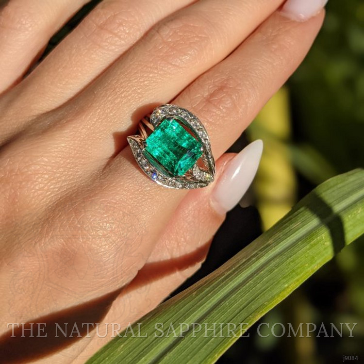 4.86 Ct. Emerald Natural Diamond Antique Style Ring, 18K White Gold