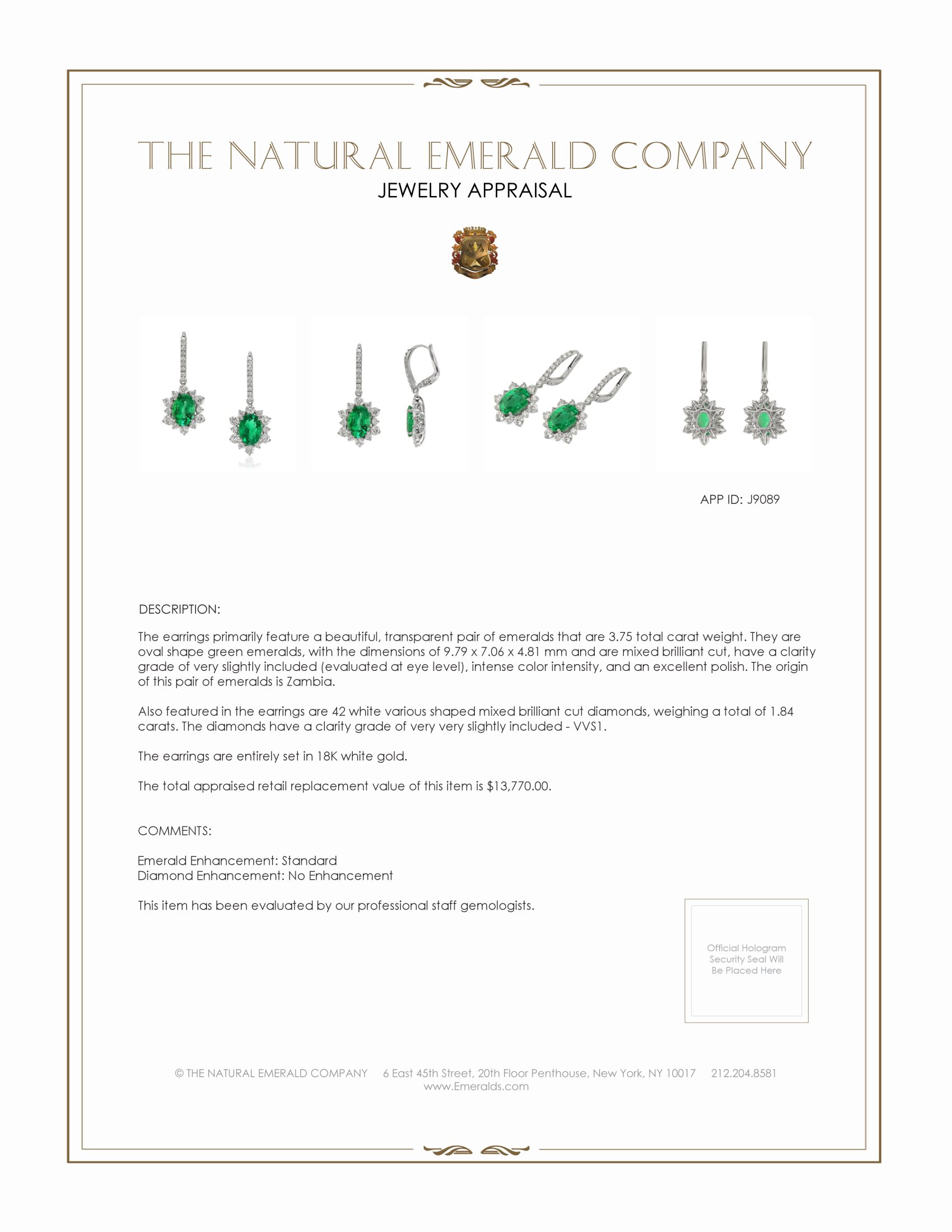 3.75 Ct.Tw. Emerald and Natural Diamond Halo Earrings, 18K White Gold