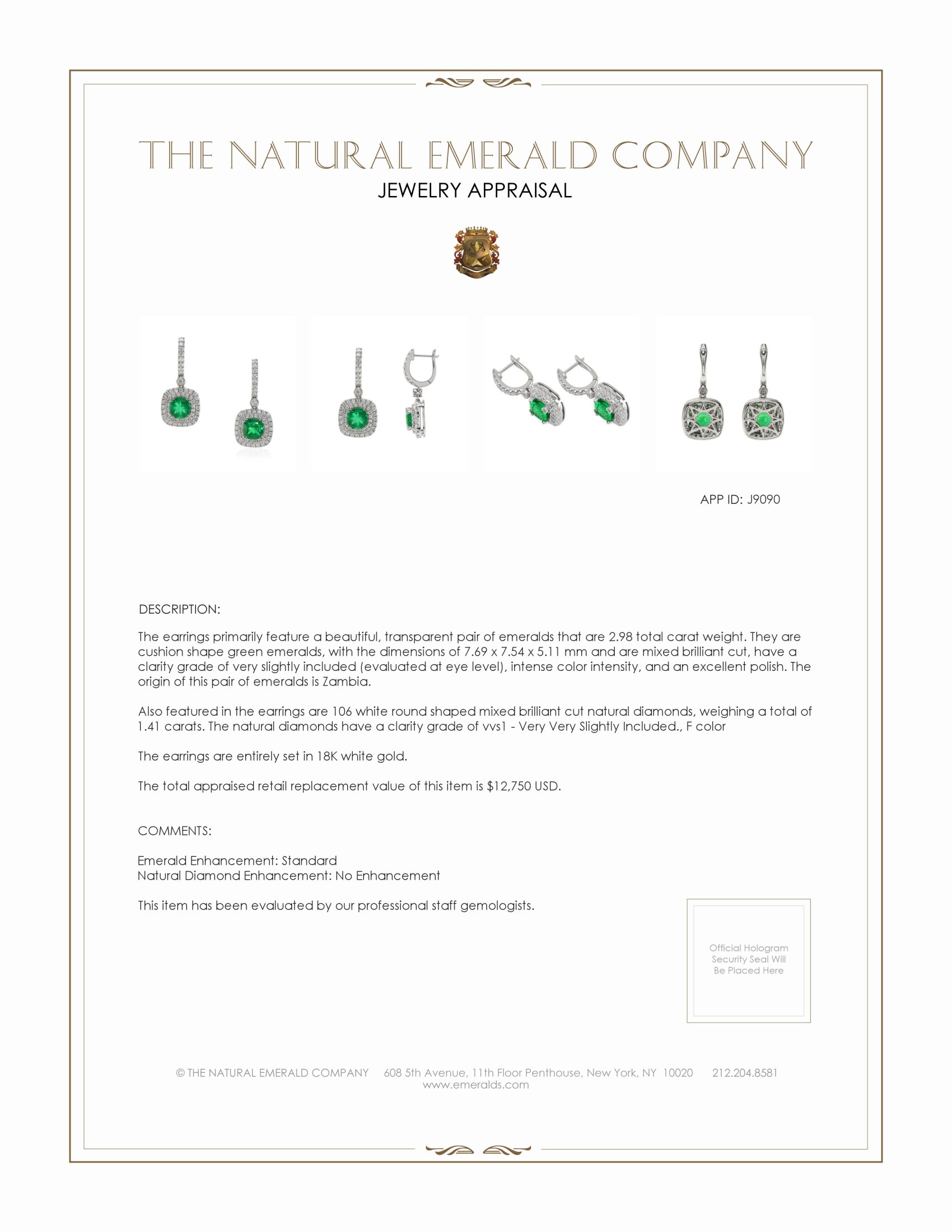 2.98 Ct.Tw. Emerald Natural Diamond Pave Earrings, 18K White Gold