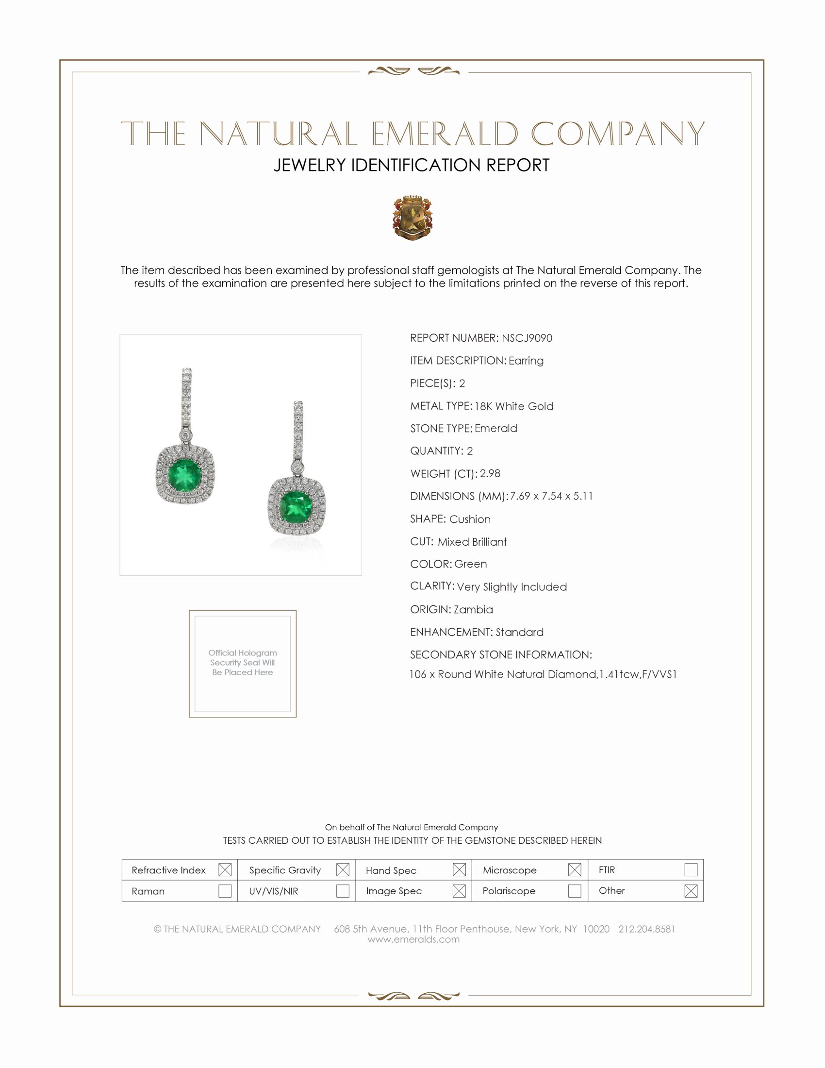 2.98 Ct.Tw. Emerald Natural Diamond Pave Earrings, 18K White Gold