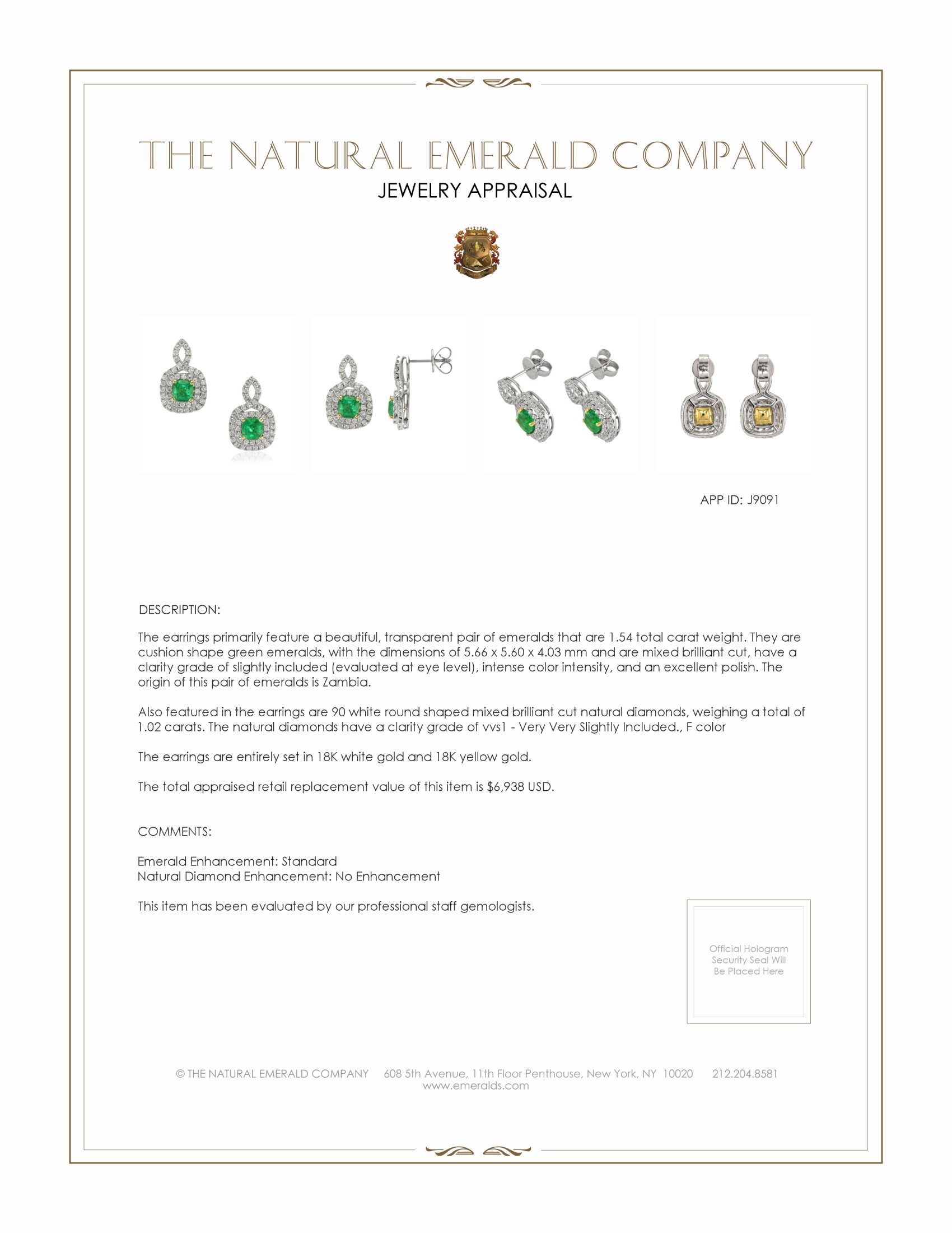 1.54 Ct.Tw. Emerald Natural Diamond Pave Earrings, 18K White & Yellow