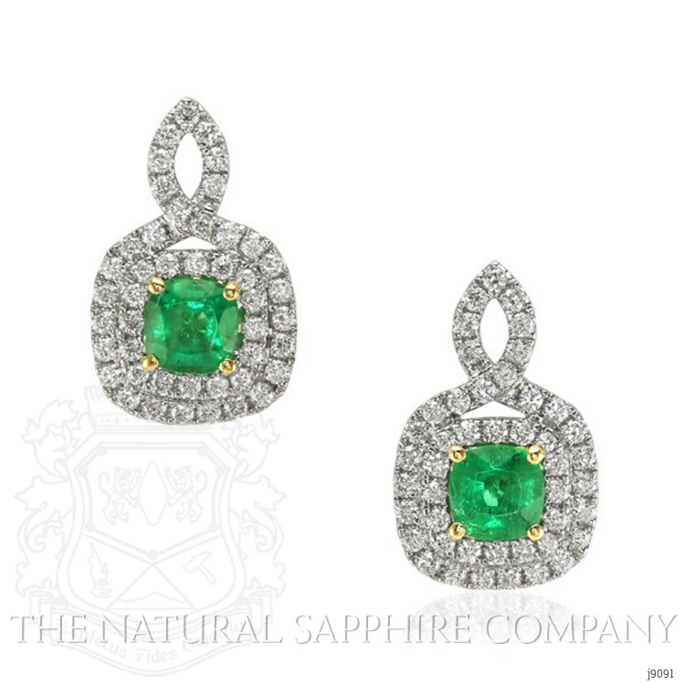 1.54 Ct.Tw. Emerald Natural Diamond Pave Earrings, 18K White & Yellow