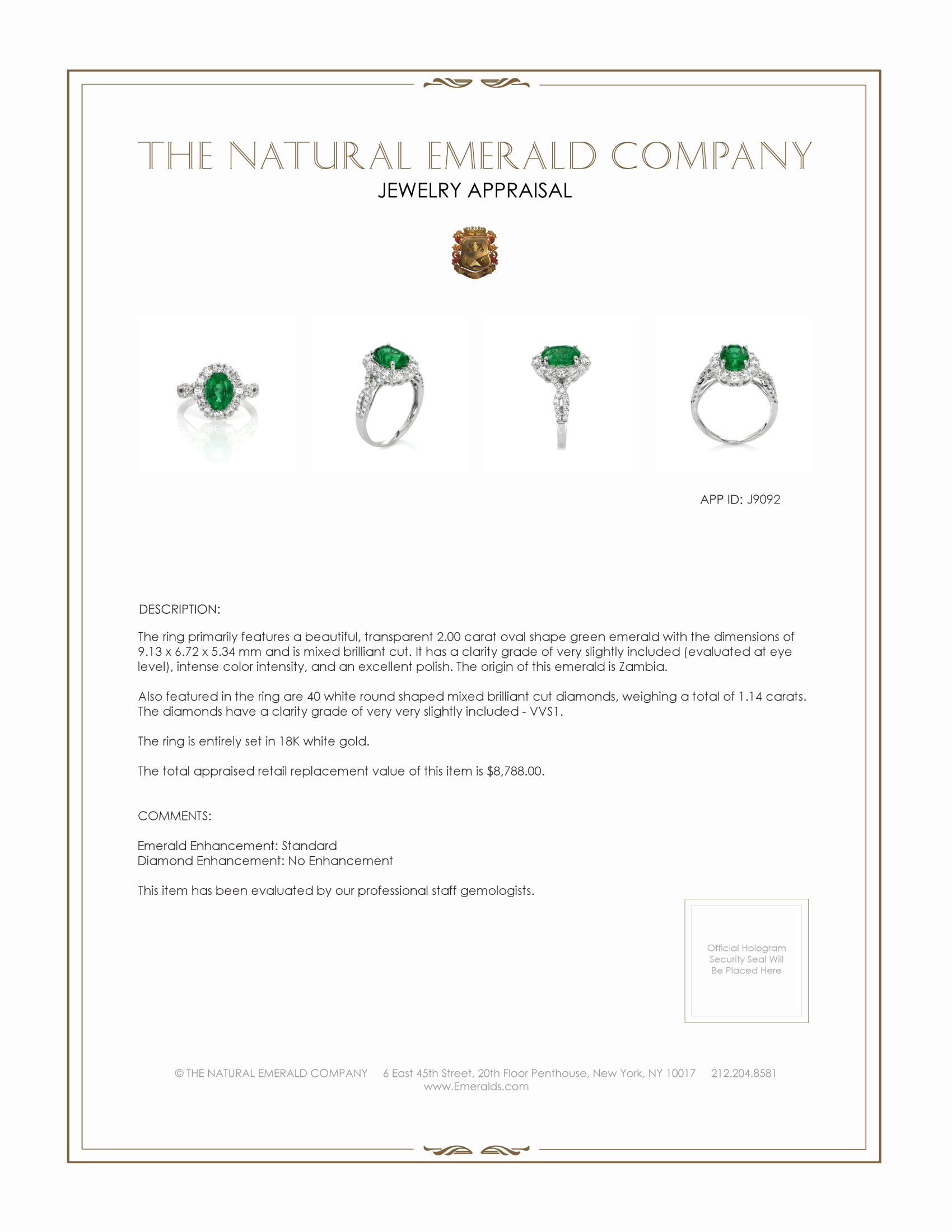 2.00 Ct. Emerald and Natural Diamond Halo Ring, 18K White Gold