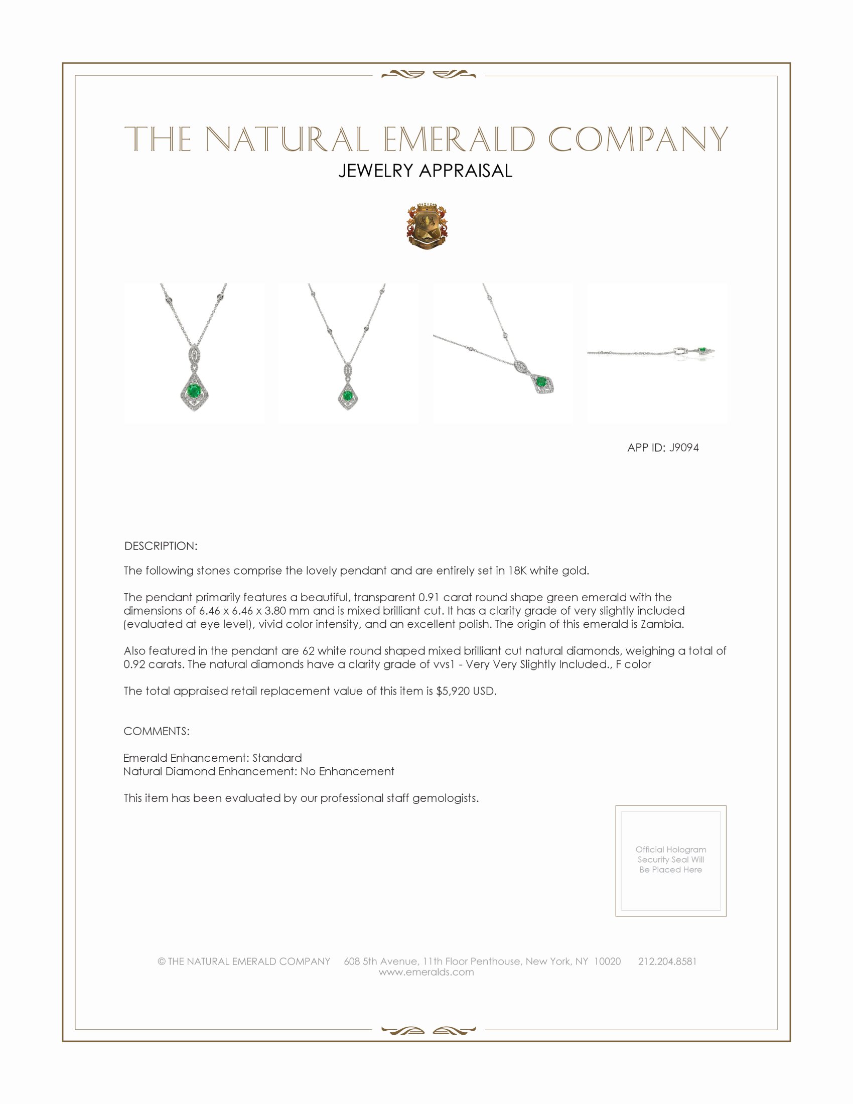 0.91 Ct. Emerald and Natural Diamond Pave Pendant, 18K White Gold