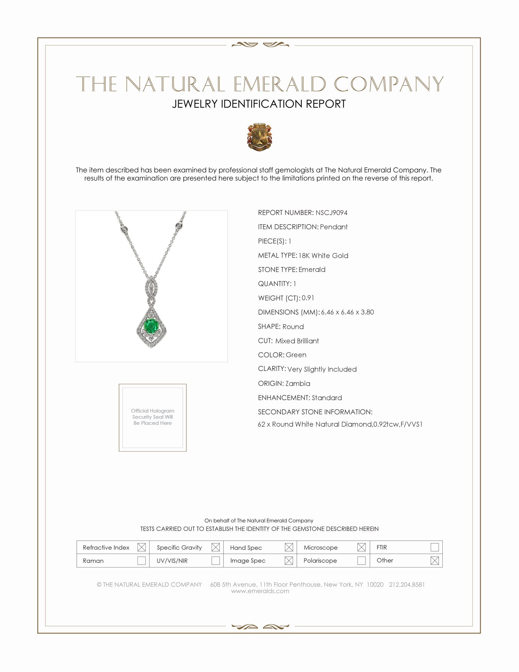 0.91 Ct. Emerald Natural Diamond Pave Pendant, 18K White Gold