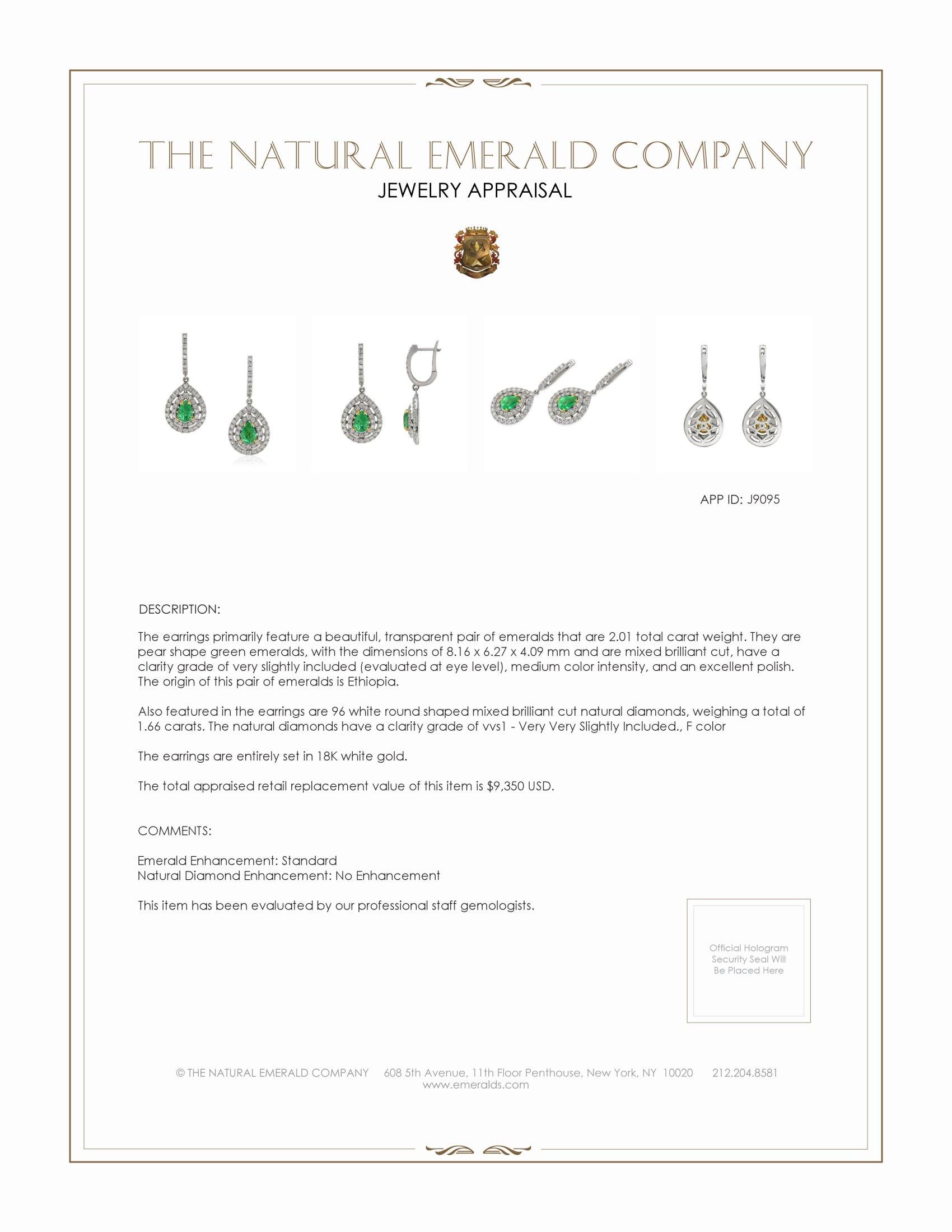 2.01 Ct.Tw. Emerald Natural Diamond Pave Earrings, 18K White Gold