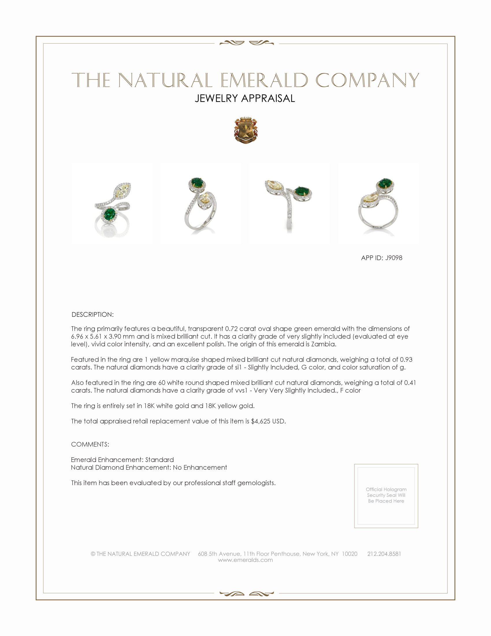 0.72 Ct. Emerald Natural Diamond Pave Ring, 18K White & Yellow