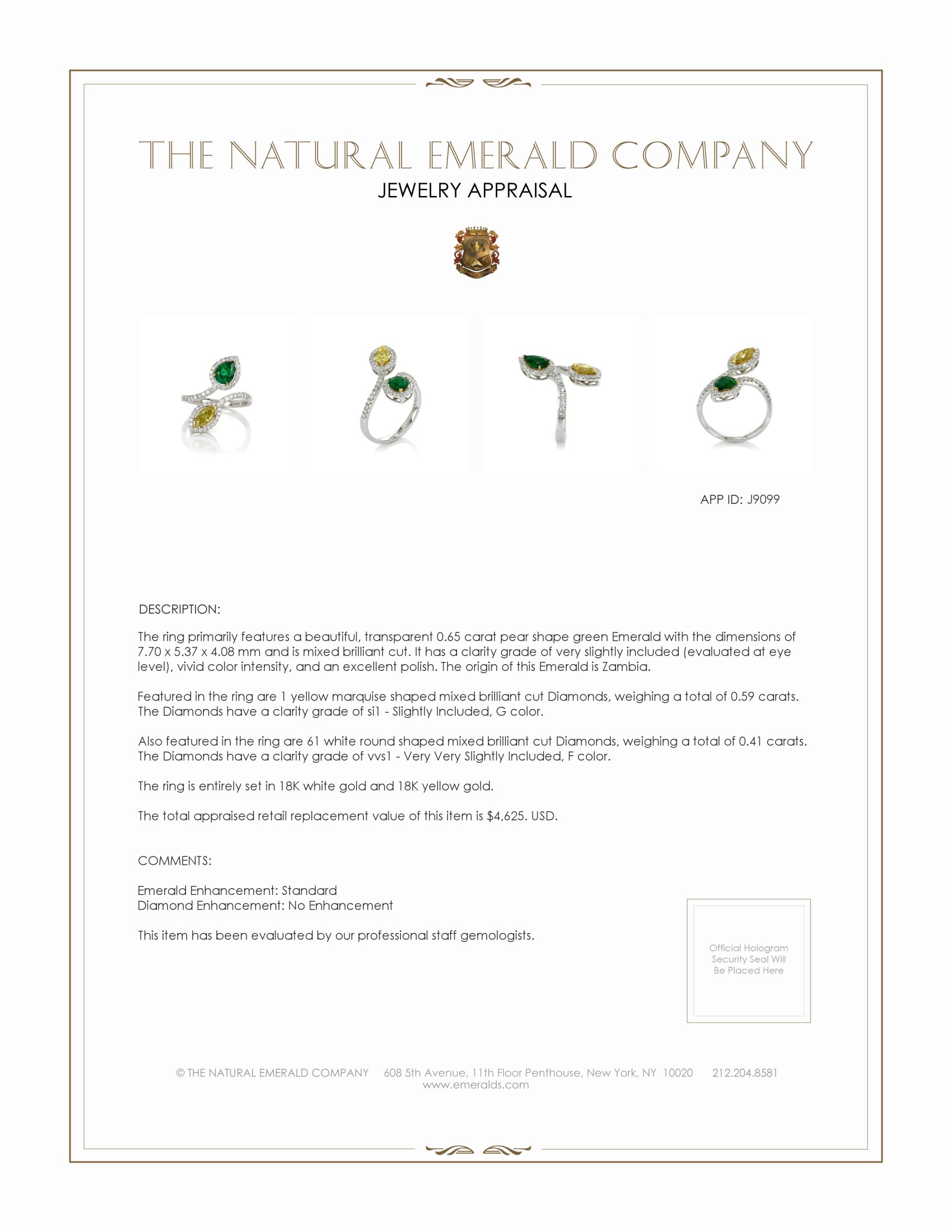 0.65 Ct. Emerald Natural Diamond Pave Ring, 18K White & Yellow
