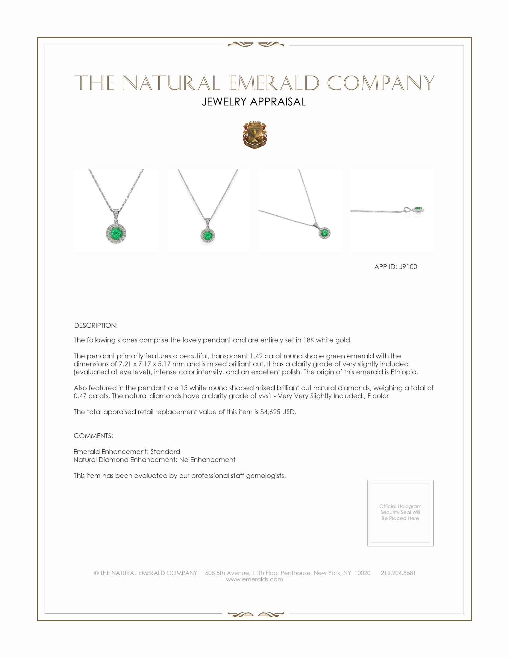 1.42 Ct. Emerald Natural Diamond Pave Pendant, 18K White Gold