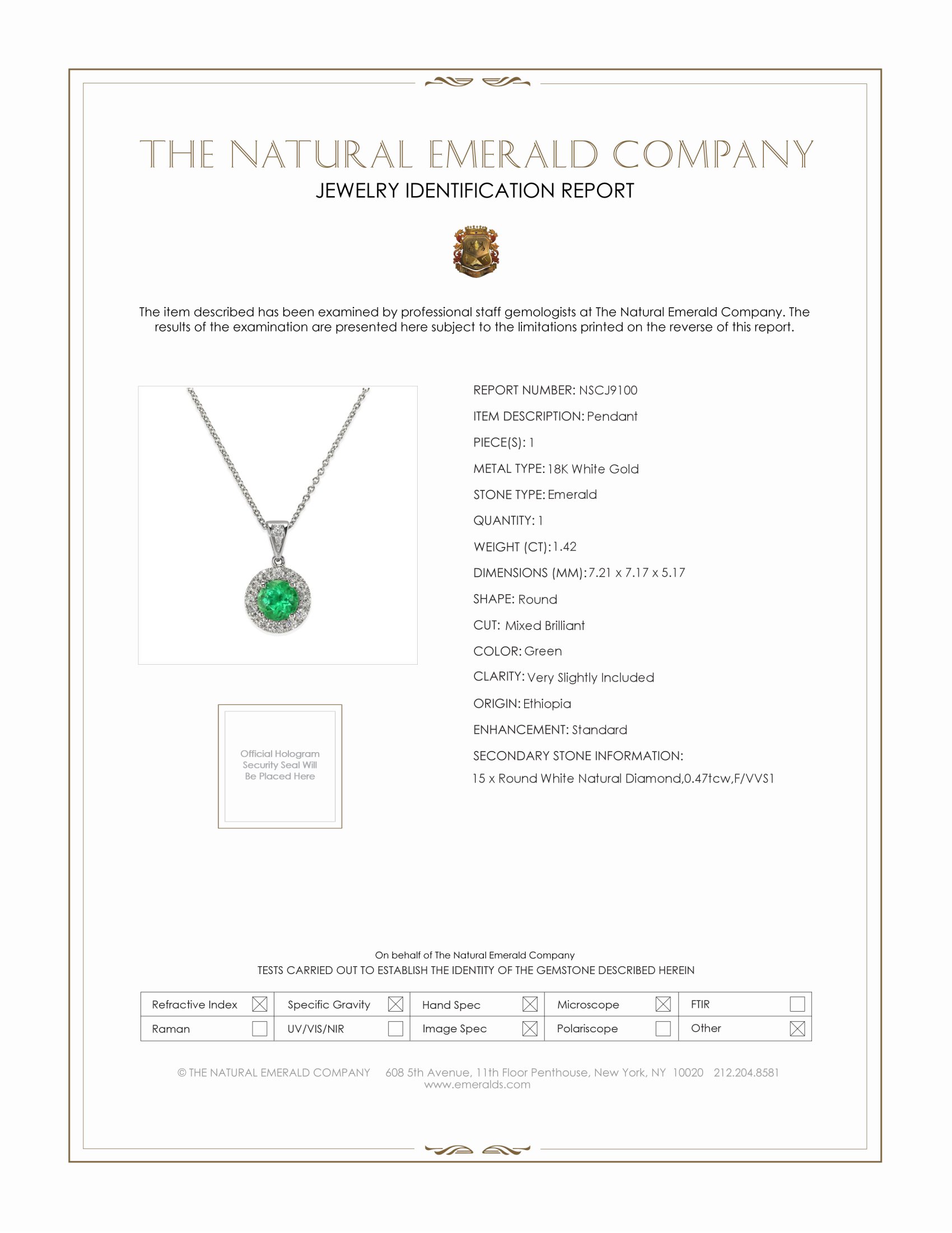 1.42 Ct. Emerald Natural Diamond Pave Pendant, 18K White Gold