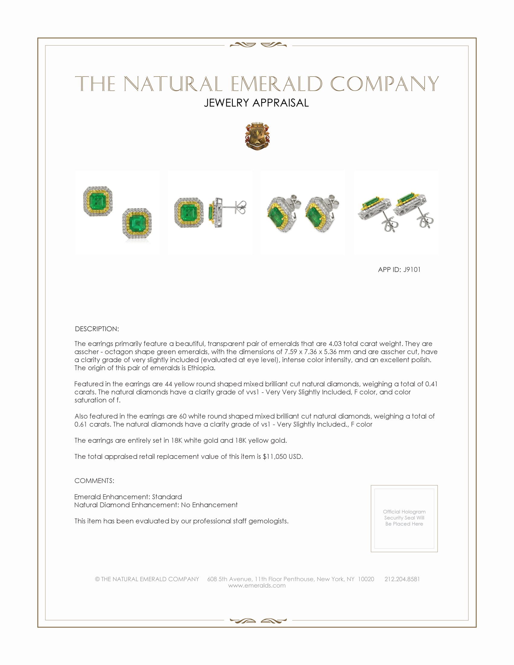 4.03 Ct.Tw. Emerald Natural Diamond Pave Earrings, 18K White & Yellow